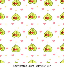 Seamless pattern with a cute pair of avocado halves and holding a heart. Vector illustration of valentine's day texture for postcard, textile, decor, paper, texture, wrapping.