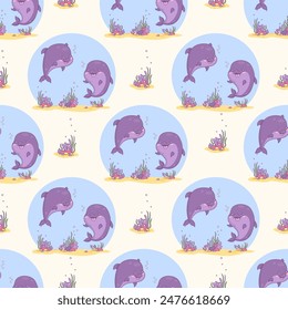 Seamless pattern with cute pair of dolphins. Vector illustration. Cartoon kawaii animal character. Kids collection