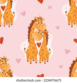 Seamless pattern with cute pair of giraffes in love on light pink background with hearts. Vector illustration with animals family for decor, design, print, wallpaper, packaging, valentines