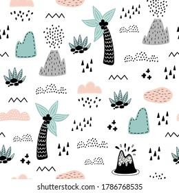 Seamless pattern with cute palm. Creative vector childish background for fabric, textile. Vector scandinavian style children's background. Lake, mountains, volcano, bushes, palm, clouds. 