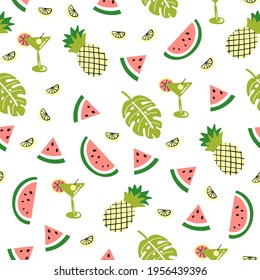 Patrón sin foco con palma linda, sandía, piña. Fondo infantil vectorial creativo para tela, textil