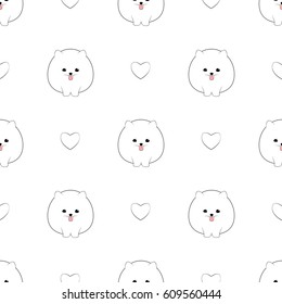 Seamless pattern with cute pameranian dogs and hearts. Vector animal background. Cute seamless pattern in black and white with pom puppy.