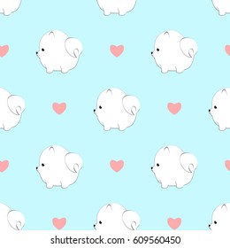 Seamless pattern with cute pameranian dogs and hearts. Vector animal background. Cute seamless pattern in black and white with pom puppy.