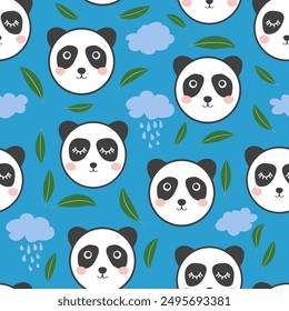 Patrón sin fisuras con caras de animales panda lindos. Ilustración en estilo boho, atrapasueños, cactus, palmeras, trópicos