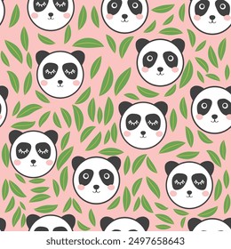 Patrón sin fisuras con caras de animales panda lindos. Ilustración en estilo boho, atrapasueños, cactus, palmeras, trópicos