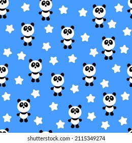 Seamless pattern with cute panda babies on a blue background surrounded by white stars