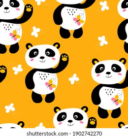 Seamless pattern with cute panda baby on color background. Funny asian animals. Card, postcards for kids. Flat vector illustration for fabric, textile, wallpaper, poster, gift wrapping paper.