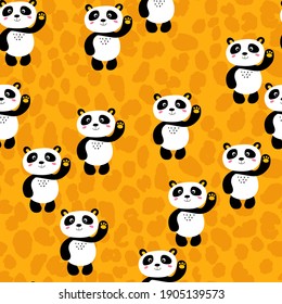Seamless pattern with cute panda baby on color background. Funny asian animals. Card, postcards for kids. Flat vector illustration for fabric, textile, wallpaper, poster, gift wrapping paper.