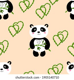 Seamless pattern with cute panda baby on color background. Funny asian animals. Card, postcards for kids. Flat vector illustration for fabric, textile, wallpaper, poster, gift wrapping paper.