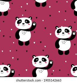 Patrón sin brillo con un lindo bebé panda sobre fondo de color. Animales asiáticos divertidos. Tarjeta, postales para niños. Ilustración vectorial plana para tela, textil, papel pintado, afiche, papel de envoltura de regalo.