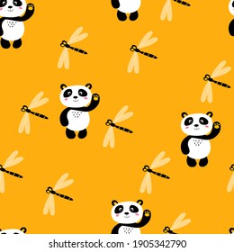 Seamless pattern with cute panda baby and dragonfly on color background. Funny asian animals. Card, postcards for kids. Flat vector illustration for fabric, textile, wallpaper, poster, wrapping paper.
