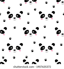 Seamless pattern with cute panda baby on white background. Funny asian animals. Card, postcards for kids. Flat vector illustration for fabric, textile, wallpaper, poster, gift wrapping paper.