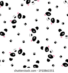 Seamless Pattern With Cute Panda Baby On White Background. Funny Asian Animals. Card, Postcards For Kids. Flat Vector Illustration For Fabric, Textile, Wallpaper, Poster, Gift Wrapping Paper.