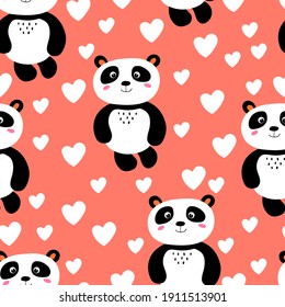 Seamless pattern with cute panda baby on color background. Funny asian animals. Card, postcards for kids. Flat vector illustration for fabric, textile, wallpaper, poster, gift wrapping paper.