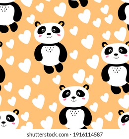 Seamless pattern with cute panda baby on color background. Funny asian animals. Card, postcards for kids. Flat vector illustration for fabric, textile, wallpaper, poster, gift wrapping paper.
