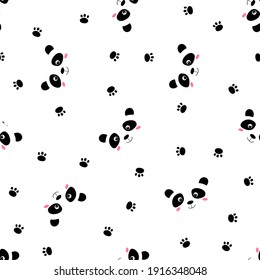 Seamless Pattern With Cute Panda Baby On White Background. Funny Asian Animals. Card, Postcards For Kids. Flat Vector Illustration For Fabric, Textile, Wallpaper, Poster, Gift Wrapping Paper.