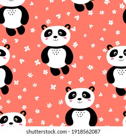 Seamless pattern with cute panda baby on color background. Funny asian animals. Card, postcards for kids. Flat vector illustration for fabric, textile, wallpaper, poster, gift wrapping paper.