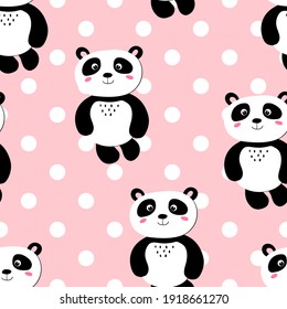 Seamless pattern with cute panda baby on color polka dots background. Funny asian animals. Card, postcards for kids. Flat vector illustration for fabric, textile, wallpaper.