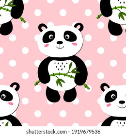 Seamless pattern with cute panda baby on color polka dots background. Funny asian animals. Card, postcards for kids. Flat vector illustration for fabric, textile, wallpaper.