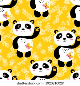 Seamless pattern with cute panda baby on color floral background. Funny asian animals. Card, postcards for kids. Flat vector illustration for fabric, textile, wallpaper, gift wrapping paper.