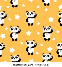 Seamless pattern with cute panda baby and stars on color background. Funny asian animals. Card, postcards for kids. Flat vector illustration for fabric, textile, wallpaper, gift wrapping paper.