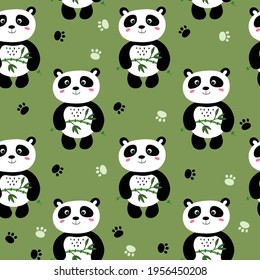 Seamless pattern with cute panda baby on color background. Funny asian animals. Card, postcards for kids. Flat vector illustration for fabric, textile, wallpaper, poster, gift wrapping paper.