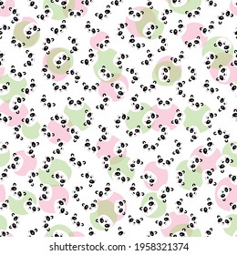Seamless pattern with cute panda baby on white background. Funny asian animals. Card, postcards for kids. Flat vector illustration for fabric, textile, wallpaper, poster, gift wrapping paper.