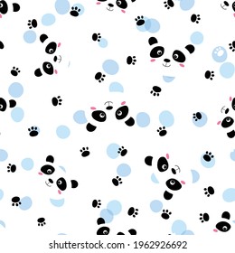 Seamless pattern with cute panda baby on white background. Funny asian animals. Card, postcards for kids. Flat vector illustration for fabric, textile, wallpaper, poster, gift wrapping paper.