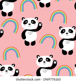Seamless pattern with cute panda baby and rainbow on color background. Funny asian animals. Card, postcards for kids. Flat vector illustration for fabric, textile, wallpaper, poster, print.