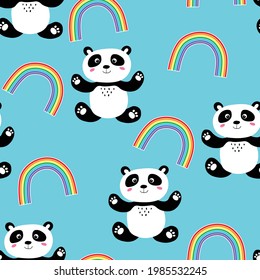 Seamless pattern with cute panda baby and rainbow on color background. Funny asian animals. Card, postcards for kids. Flat vector illustration for fabric, textile, wallpaper, poster, print.