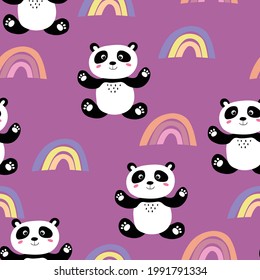 Seamless pattern with cute panda baby and rainbow on color background. Funny asian animals. Card, postcards for kids. Flat vector illustration for fabric, textile, wallpaper, poster, print.