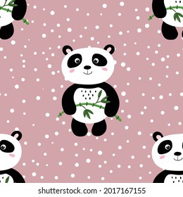 Seamless pattern with cute panda baby on color polka dots background. Funny asian animals. Card, postcards for kids. Flat vector illustration for fabric, textile, wallpaper.