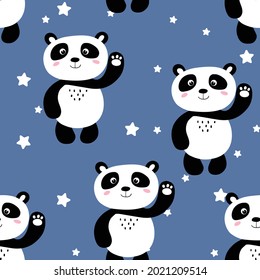 Patrón sin inconvenientes con un lindo panda bebé y estrellas en el fondo del color. Animales asiáticos divertidos. Tarjeta, postales para niños. Ilustración vectorial plana para tela, textil, papel pintado, papel de envoltura de regalo.