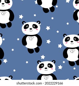 Patrón sin inconvenientes con un lindo panda bebé y estrellas en el fondo del color. Animales asiáticos divertidos. Tarjeta, postales para niños. Ilustración vectorial plana para tela, textil, papel pintado, papel de envoltura de regalo.