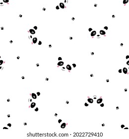 Seamless pattern with cute panda baby on white background. Funny asian animals. Card, postcards for kids. Flat vector illustration for fabric, textile, wallpaper, poster, gift wrapping paper.