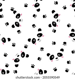 Seamless pattern with cute panda baby on white background. Funny asian animals. Card, postcards for kids. Flat vector illustration for fabric, textile, wallpaper, poster, gift wrapping paper.
