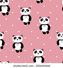 Seamless pattern with cute panda baby on color polka dots background. Funny asian animals. Card, postcards for kids. Flat vector illustration for fabric, textile, wallpaper.