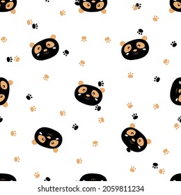Seamless pattern with cute panda baby on white background. Funny asian animals. Card, postcards for kids. Flat vector illustration for fabric, textile, wallpaper, poster, gift wrapping paper.