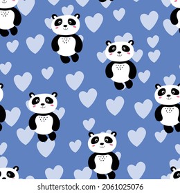 Seamless pattern with cute panda baby on color background. Funny asian animals. Card, postcards for kids. Flat vector illustration for fabric, textile, wallpaper, poster, gift wrapping paper.