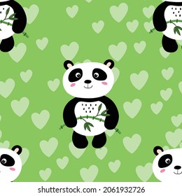 Seamless pattern with cute panda baby on color background. Funny asian animals. Card, postcards for kids. Flat vector illustration for fabric, textile, wallpaper, poster, gift wrapping paper.