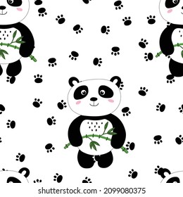 Seamless pattern with cute panda baby on white background. Funny asian animals. Card, postcards for kids. Flat vector illustration for fabric, textile, wallpaper, poster, gift wrapping paper.