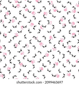Seamless pattern with cute panda baby on white background. Funny asian animals. Card, postcards for kids. Flat vector illustration for fabric, textile, wallpaper, poster, gift wrapping paper.