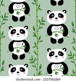 Seamless pattern with cute panda baby on color background. Funny asian animals. Card, postcards for kids. Flat vector illustration for fabric, textile, wallpaper, poster, gift wrapping paper.
