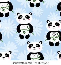 Seamless Pattern With Cute Panda Baby On Color Background. Funny Asian Animals. Card, Postcards For Kids. Flat Vector Illustration For Fabric, Textile, Wallpaper, Poster, Gift Wrapping Paper.