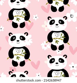 Seamless pattern with cute panda baby on color background. Funny asian animals. Card, postcards for kids. Flat vector illustration for fabric, textile, wallpaper, poster, gift wrapping paper.