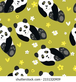 Seamless pattern with cute panda baby on color background. Funny asian animals. Card, postcards for kids. Flat vector illustration for fabric, textile, wallpaper, poster, gift wrapping paper.