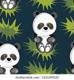 Seamless pattern with cute panda baby on color background. Funny asian animals. Card, postcards for kids. Flat vector illustration for fabric, textile, wallpaper, poster, gift wrapping paper.