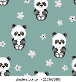 Seamless pattern with cute panda baby on color floral background. Funny asian animals. Card, postcards for kids. Flat vector illustration for fabric, textile, wallpaper, poster, gift wrapping paper.
