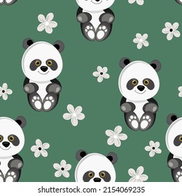 Seamless pattern with cute panda baby on color floral background. Funny asian animals. Card, postcards for kids. Flat vector illustration for fabric, textile, wallpaper, poster, gift wrapping paper.