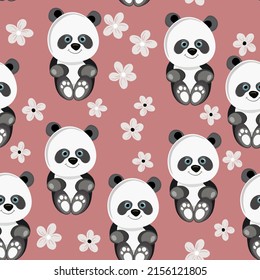 Seamless pattern with cute panda baby on color floral background. Funny asian animals. Card, postcards for kids. Flat vector illustration for fabric, textile, wallpaper, poster, gift wrapping paper.